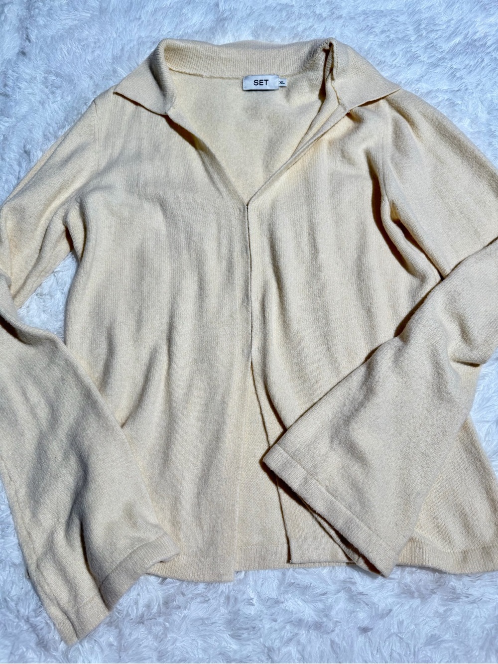 SET Active XL White Cream V Neck Cardigan Sweater Bell Sleeves Collared Knit Top